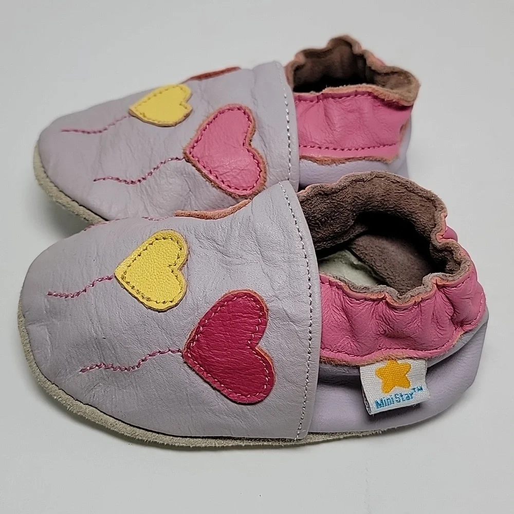 MiniStar Booties Moccasin Shoes Infant Baby Toddler Leather Hearts Purple Pink S